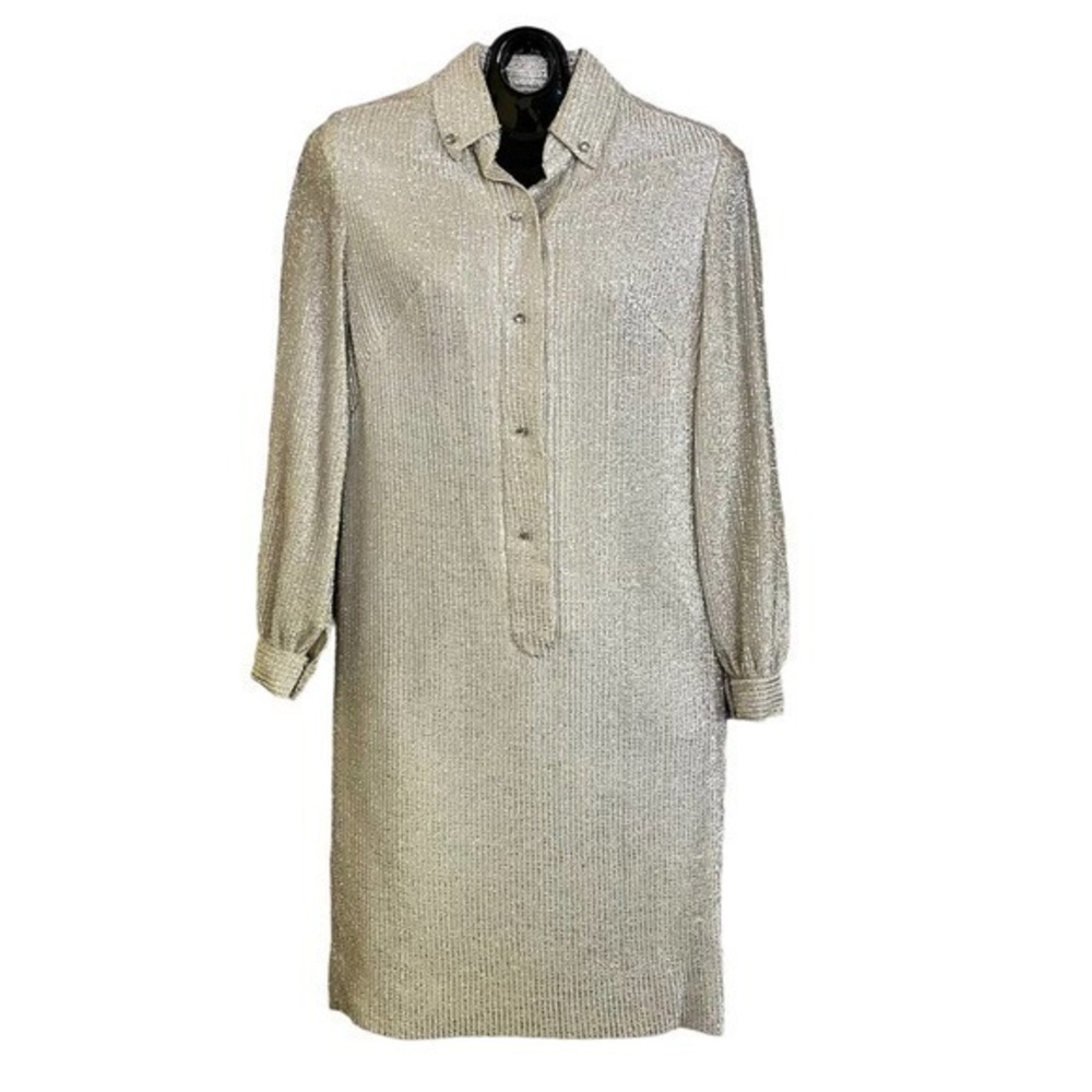 Vintage Metallic Silver Midi Shift Dress Shirtdress - Size S/M